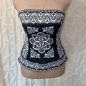 WHBM Black White Bustier Top Floral Baroque Tapestry Scroll Print Peplum Corset